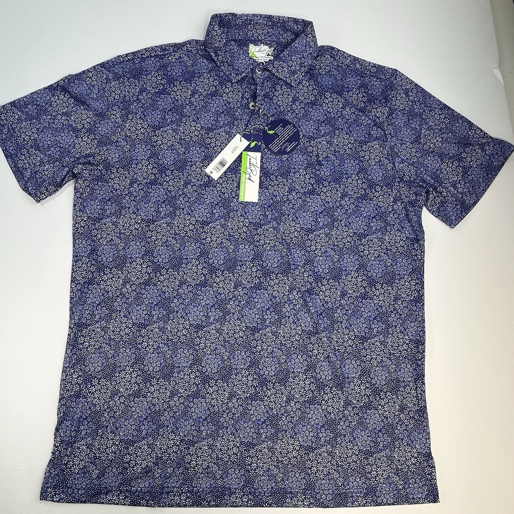 NEW Tailor Byrd Performance Polo Shirt Men Size Large Blue Short Sleeve Floral